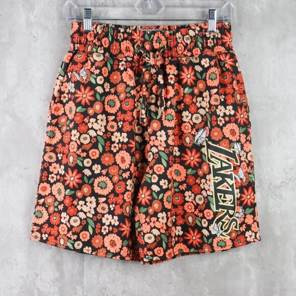 Mitchel‎ Ness Lakers Shorts Womens Size Medium Orange Floral NBA Basketball - Picture 1 of 8